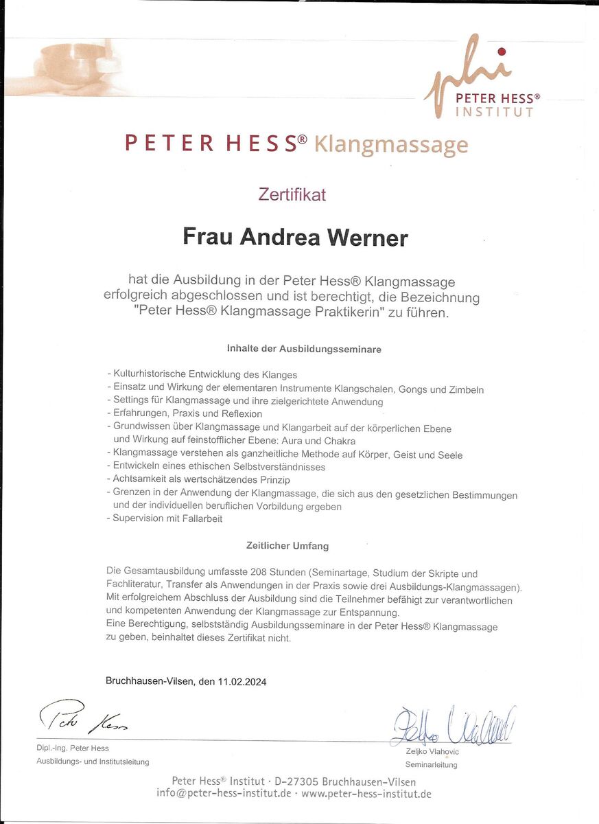 Zertifikat Peter Hess®-Klangmassagepraktikerin