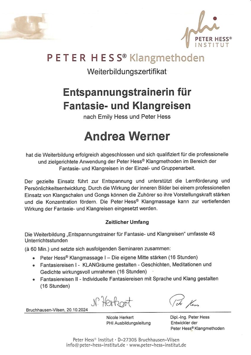 Zertifikat Entspannungstrainerin für Fantasie- und Klangreisen
