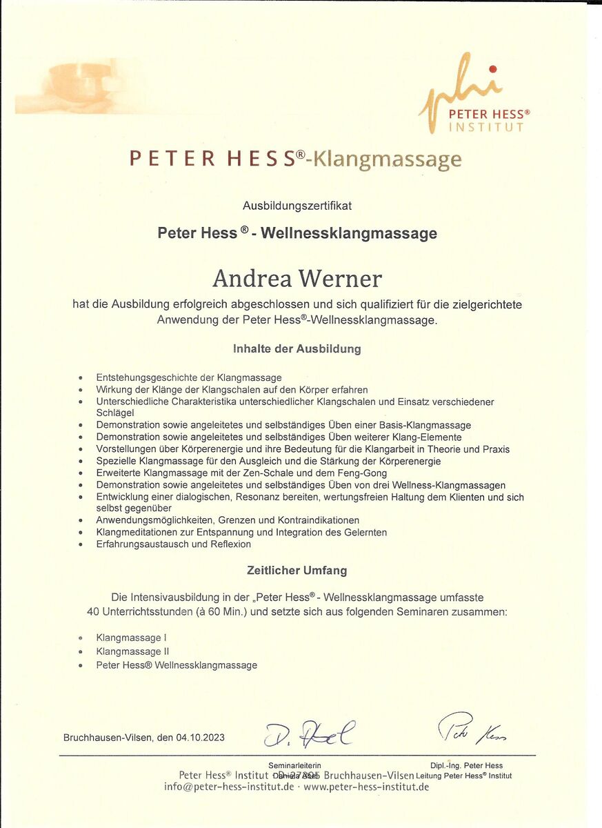 Zertifikat Peter Hess®-Wellnessklangmassage