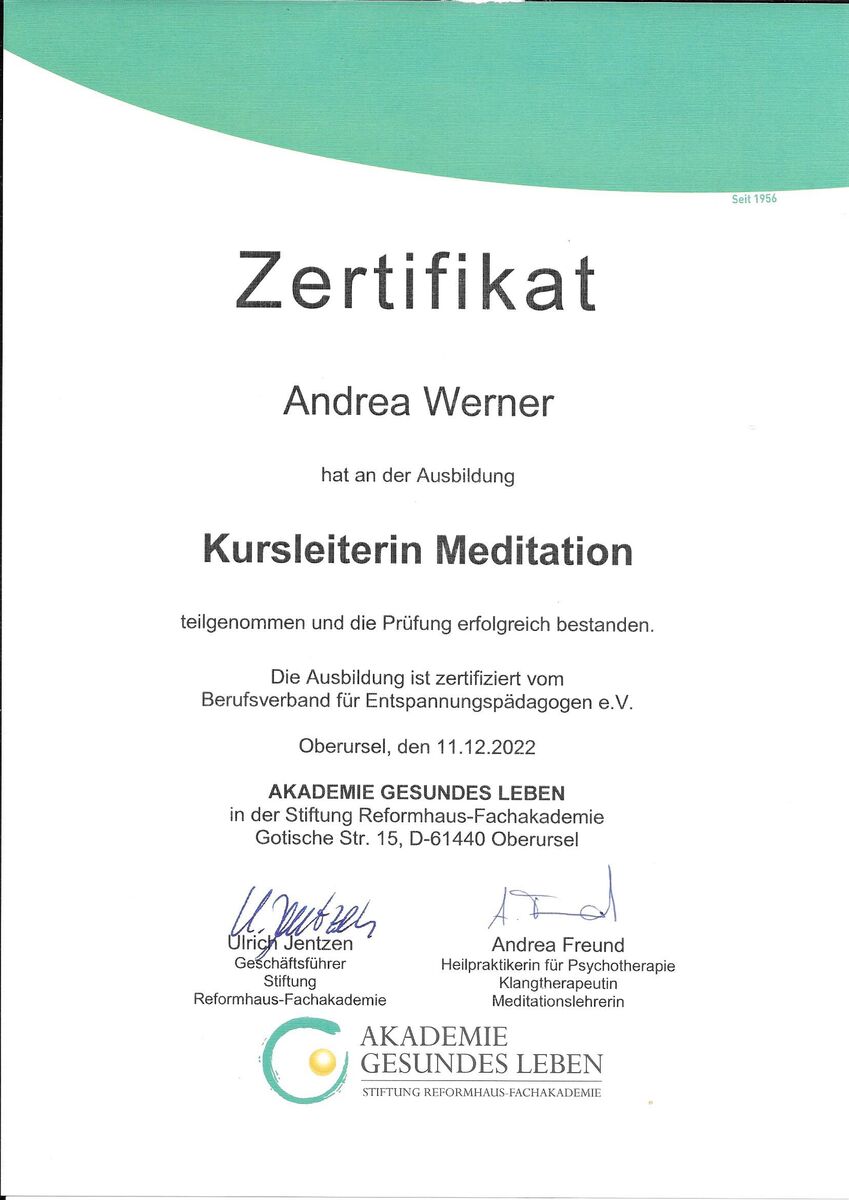 Zertifikat Kursleiterin Meditation
