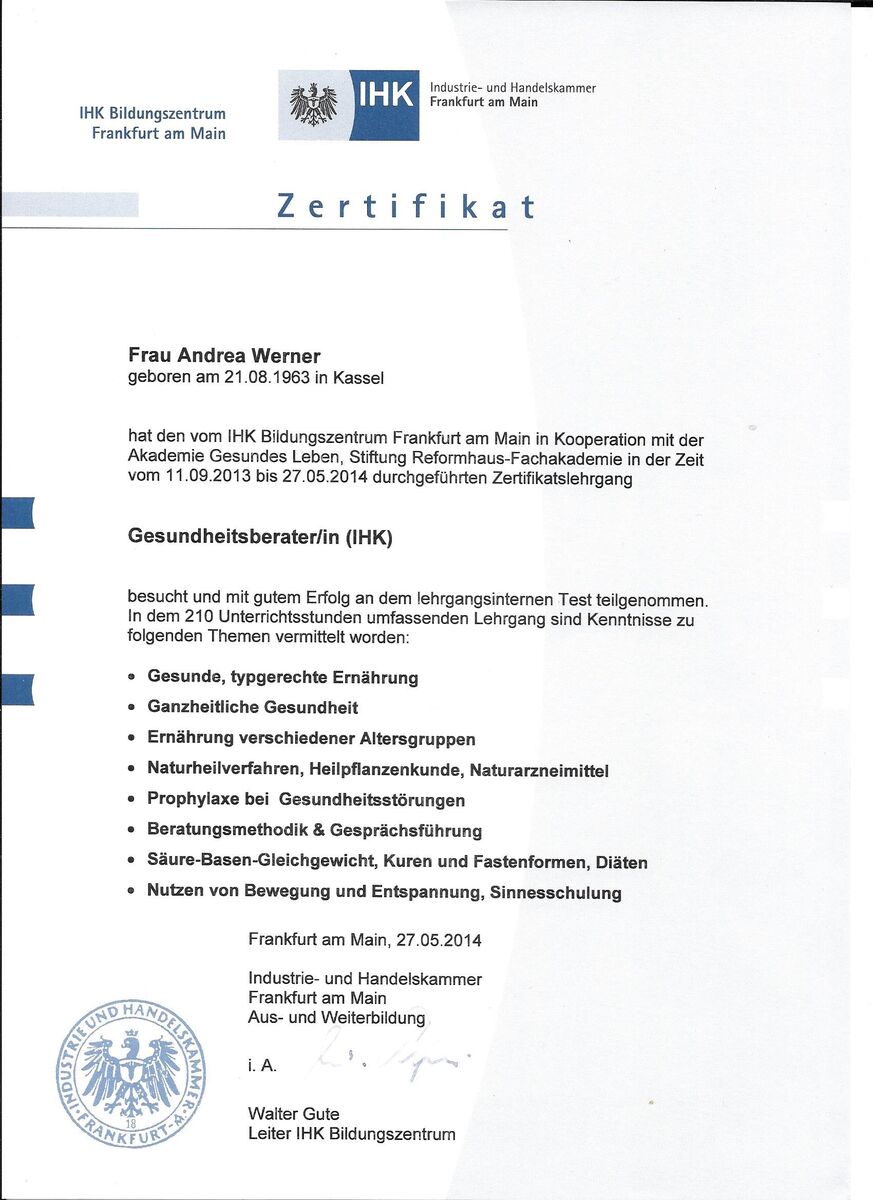 Zertifikat Ganzheitliche Gesundheitsberaterin (IHK)